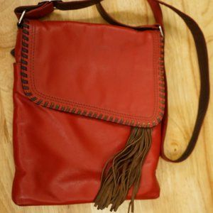 ili New York Red & Brown Leather Crossbody Purse Leopard Print Fabric Lining